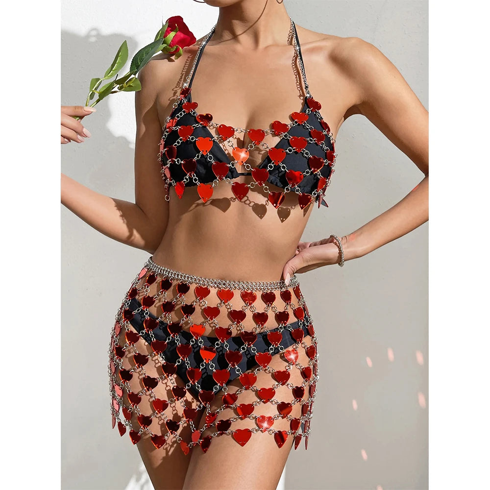 Passionate Heart Sequin Bikini & Waist Chain Set