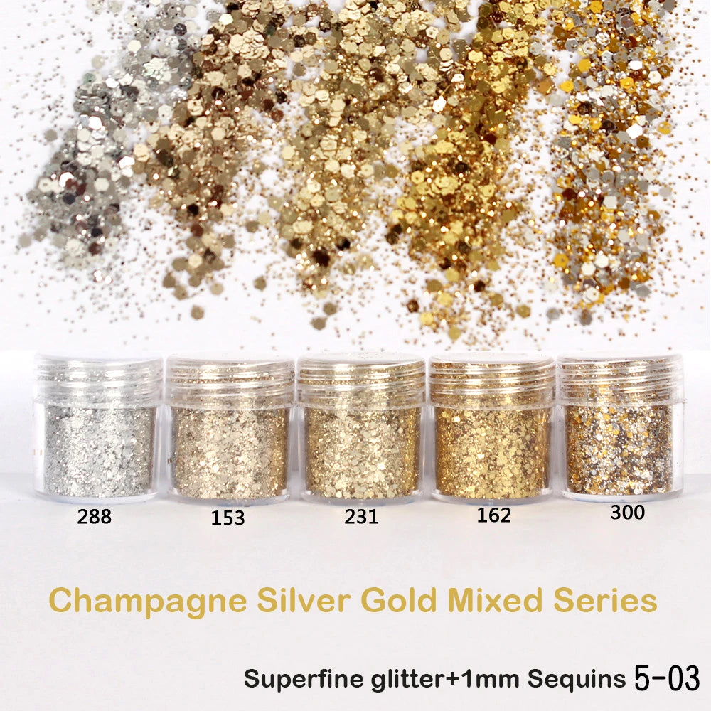 Schimmerndes Kunstpuder-Set – 10 ml Champagner-, Silber- und Gold-Glitzer-Pailletten zur Dekoration