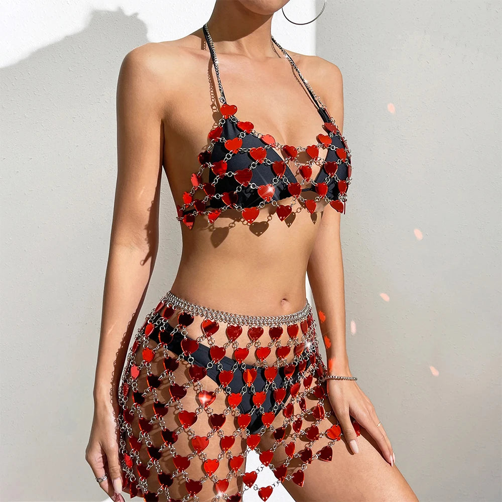 Passionate Heart Sequin Bikini & Waist Chain Set