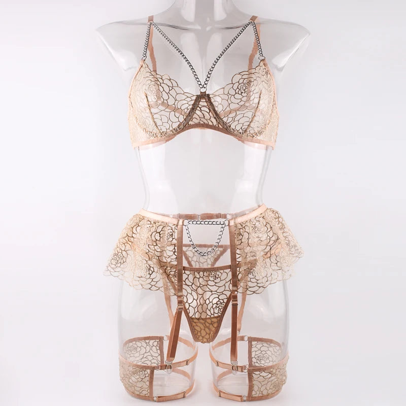 Set di lingerie da 3 pezzi ricamato in giardino - Sensuale eleganza floreale