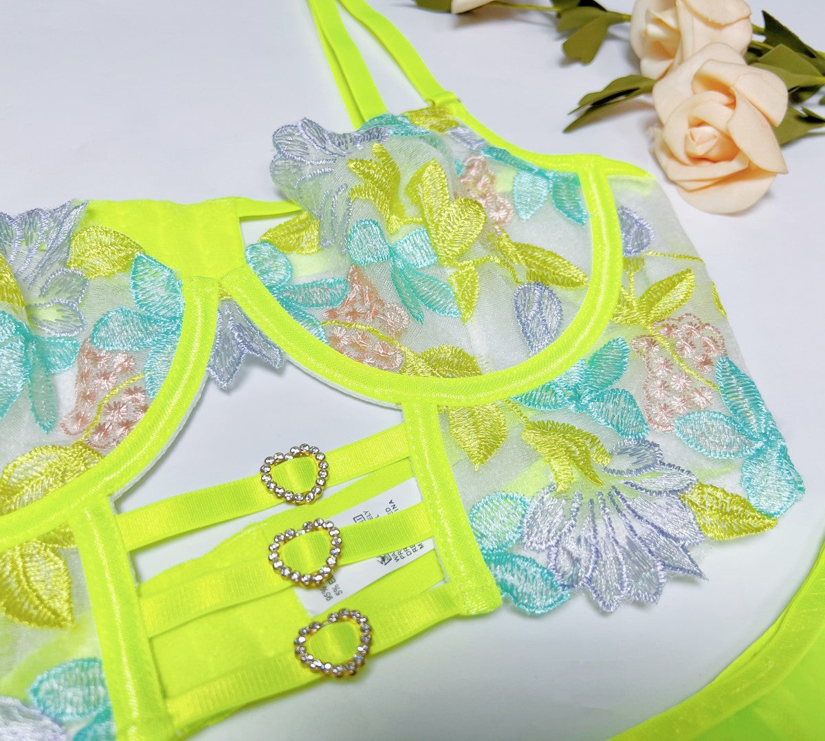 Neon Green Floral Embroidered Lingerie Set