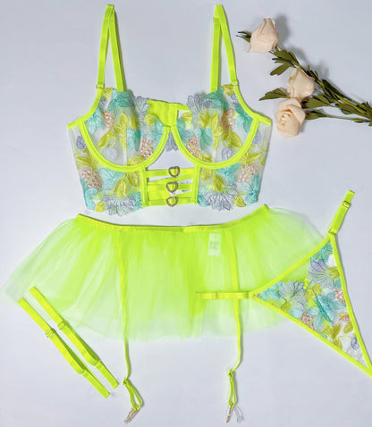 Neon Green Floral Embroidered Lingerie Set