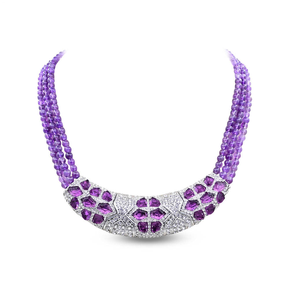 Purple Vintage Statement Beaded Silver Necklace & Earring Collection