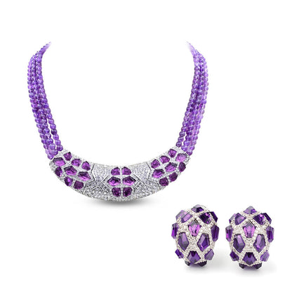 Purple Vintage Statement Beaded Silver Necklace & Earring Collection