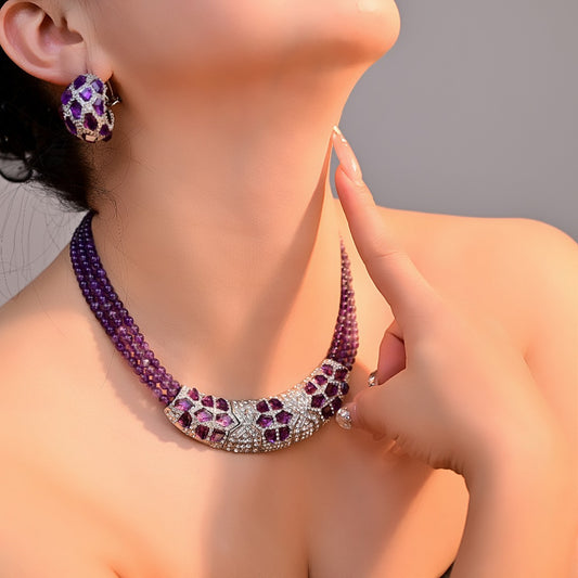 Purple Vintage Statement Beaded Silver Necklace & Earring Collection