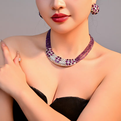 Purple Vintage Statement Beaded Silver Necklace & Earring Collection