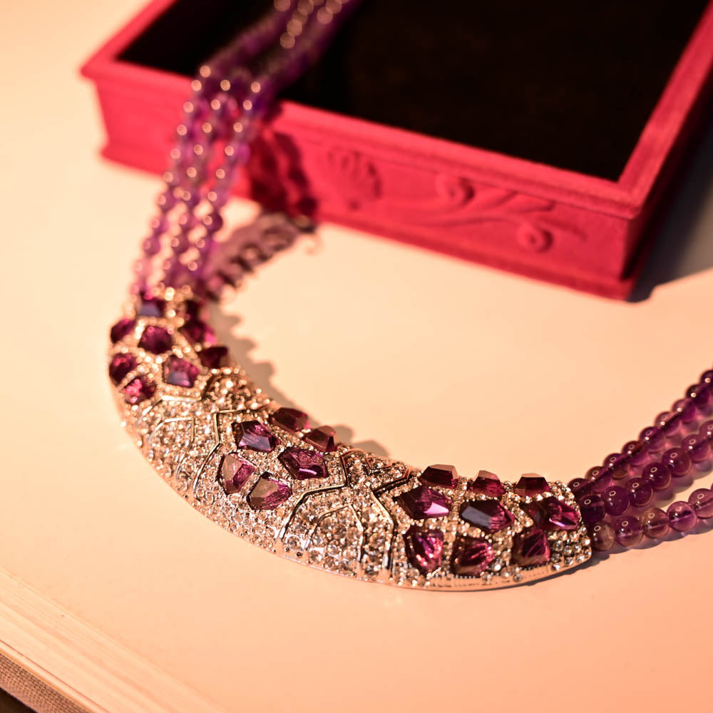 Purple Vintage Statement Beaded Silver Necklace & Earring Collection