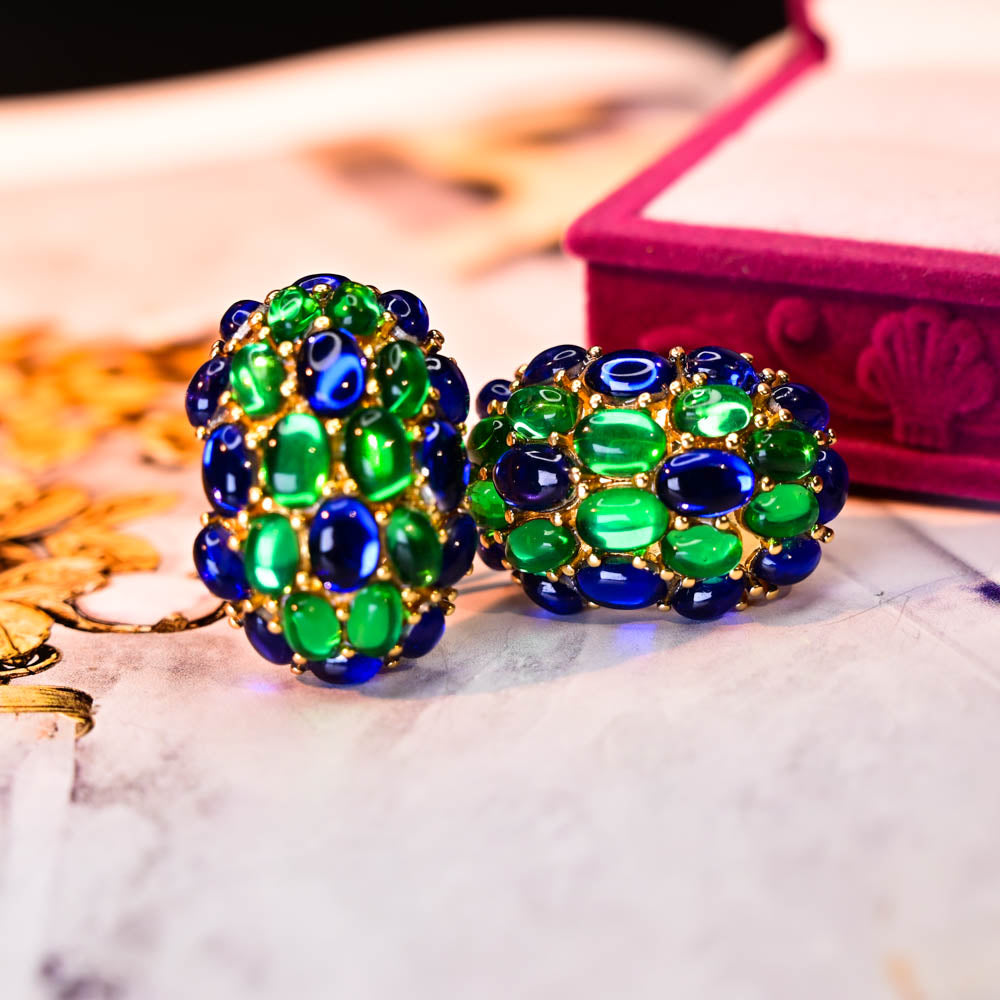 Blue & Green Cabochon | Luxury Heavy Geometric Vintage Statement Jewelry