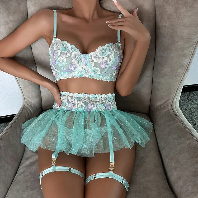 Floral Embroidered Push Up Bra and Tutu Skirt Set