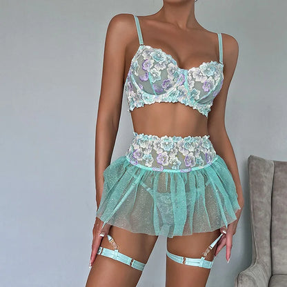 Floral Embroidered Push Up Bra and Tutu Skirt Set