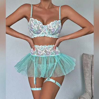 Floral Embroidered Push Up Bra and Tutu Skirt Set