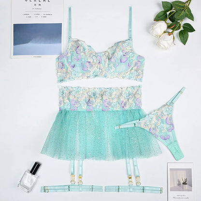 Floral Embroidered Push Up Bra and Tutu Skirt Set