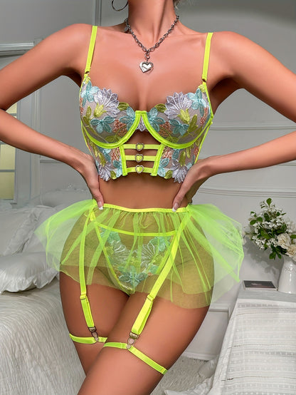 Neon Green Floral Embroidered Lingerie Set