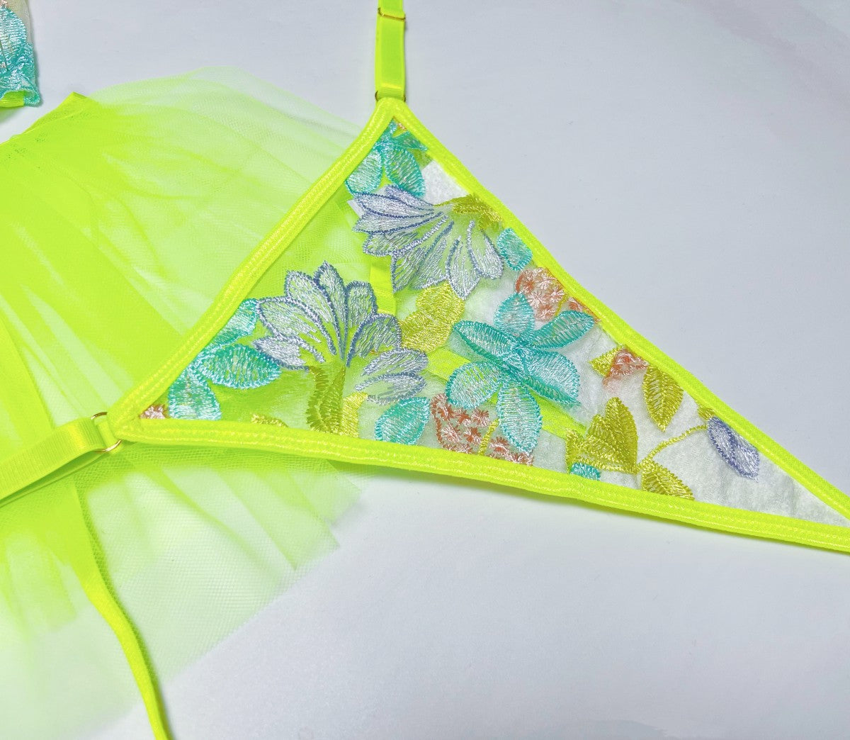 Neon Green Floral Embroidered Lingerie Set