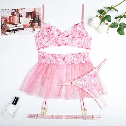 Floral Embroidered Push Up Bra and Tutu Skirt Set