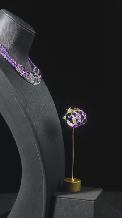 Purple Vintage Statement Beaded Silver Necklace & Earring Collection